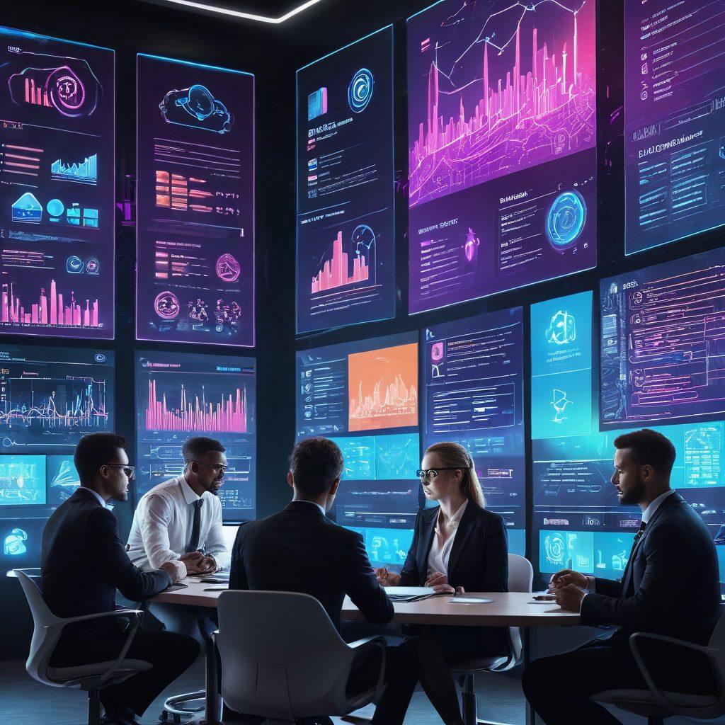 A diverse group of people engaged in a lively discussion, surrounded by digital screens displaying various insurance options and data analytics. The background features a futuristic cityscape symbolizing innovation in insurance. Include elements like charts, digital devices, and icons for security and trust. The characters should represent inclusivity, showcasing different ages and backgrounds. vibrant colors. cyberpunk.