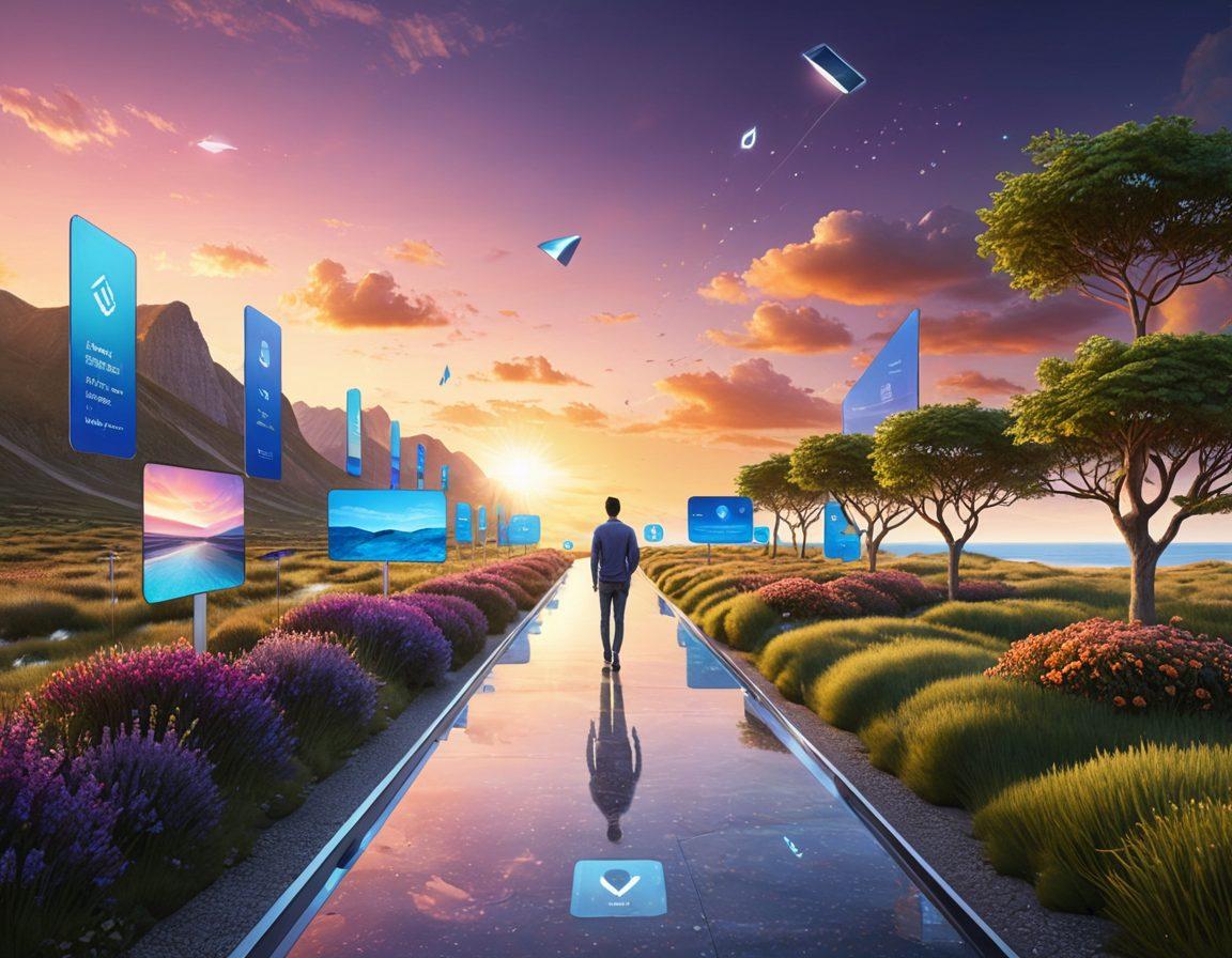 A modern, sleek digital landscape with a pathway leading towards a bright horizon, symbolizing the journey of navigating affordable digital insurance. Integrate elements like smart devices, insurance documents, and shields representing coverage choices floating in the air. Include diverse individuals using technology, looking confident and informed. The overall mood should be optimistic and futuristic. vibrant colors. 3D.